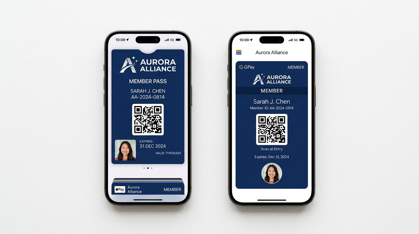 Apple Wallet and Google Wallet membership passes displayed side by side on two smartphones