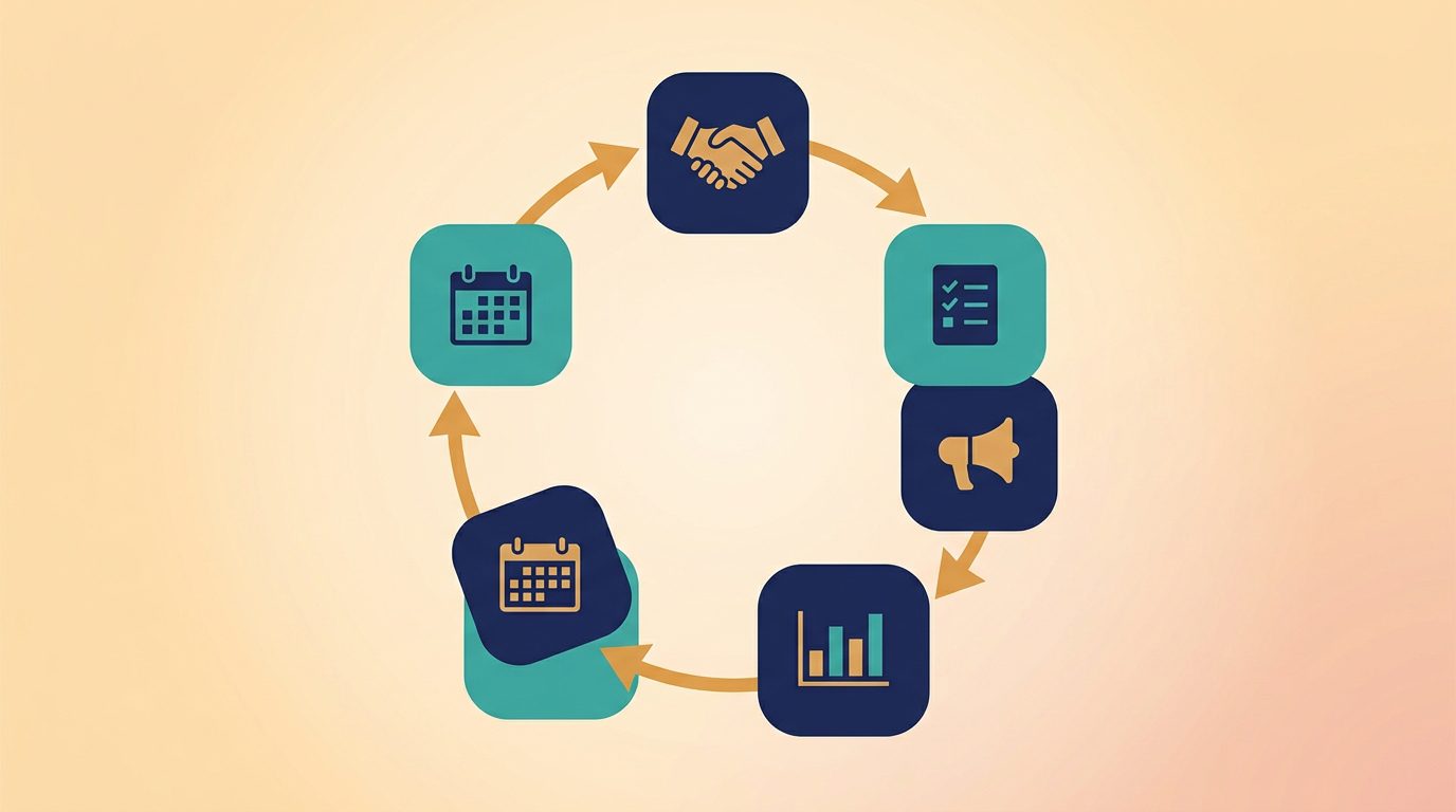 Abstract cycle diagram showing the five stages of corporate sponsor stewardship: agreement, activation, visibility delivery, impact reporting, and renewal