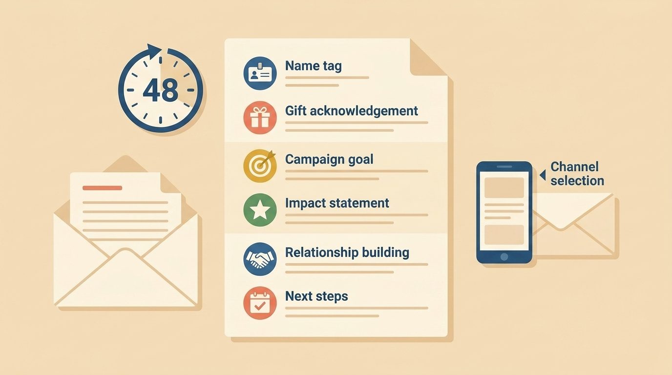 anatomy of an effective donation thank you letter showing 7 core elements and timing guide