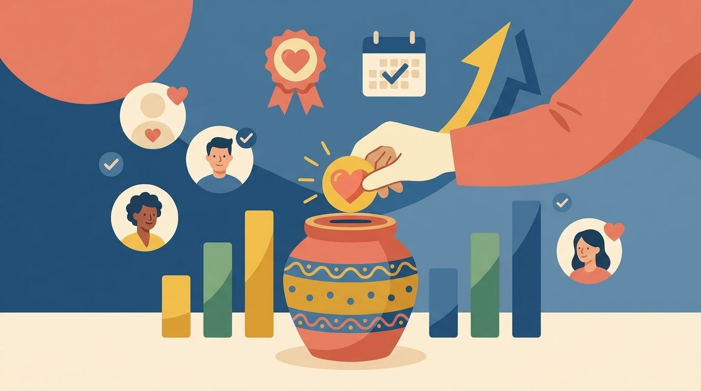 donor retention illustration showing hand placing heart coin into fundraising jar with bar charts
