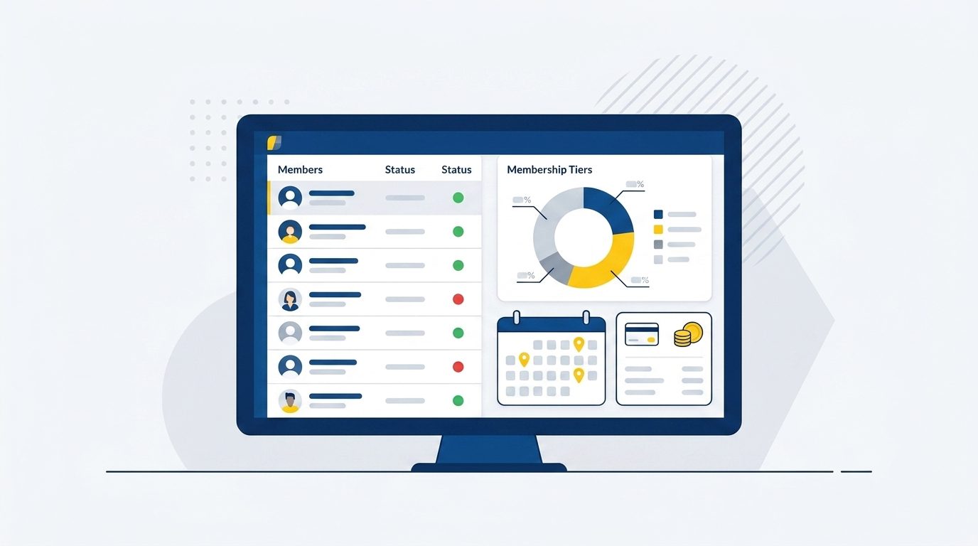 Club administrator reviewing a membership management software dashboard showing member profiles, payment status, and upcoming events
