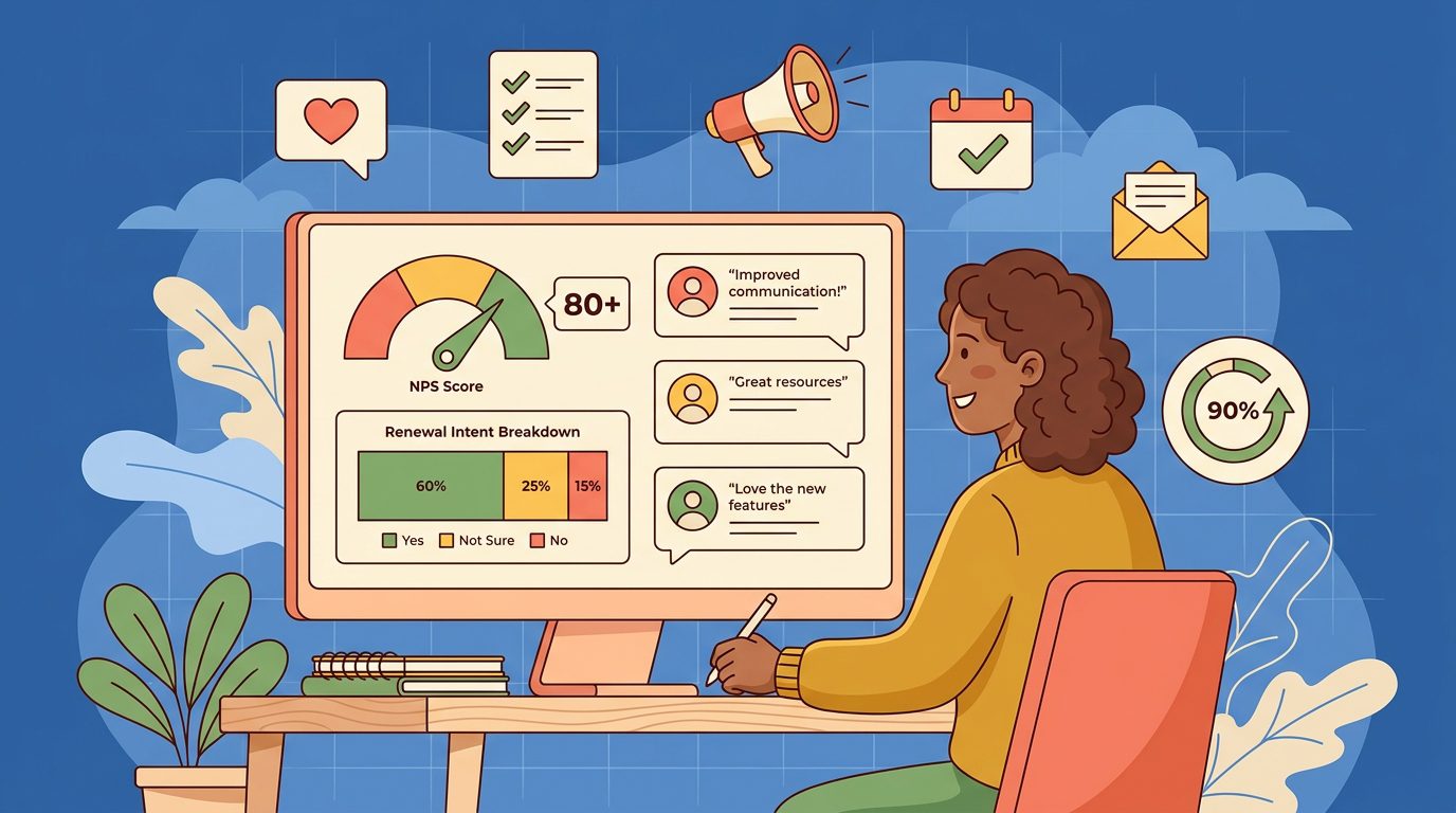Membership survey illustration showing a community manager reviewing member feedback data on a dashboard