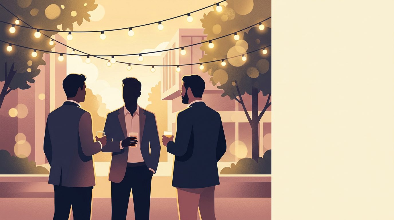 Alumni professionals at a university reunion event comparing platforms