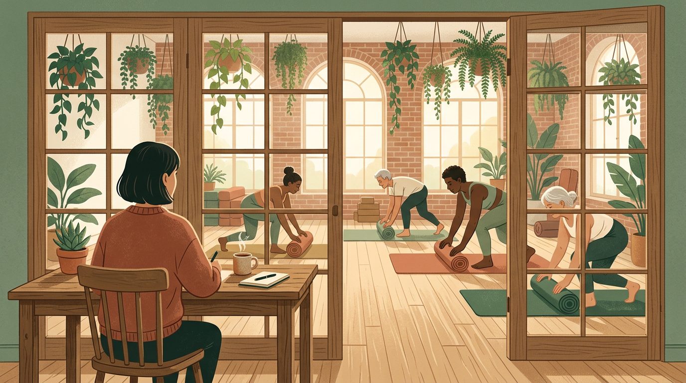 Yoga studio owner at desk reviewing class schedule while students roll out mats through glass doors in the background