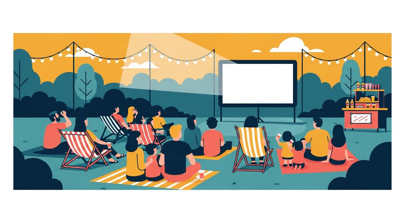 Community outdoor movie night fundraiser with families sitting on blankets in a park