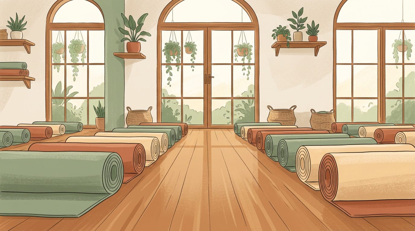 Rows of rolled yoga mats in earthy tones lined up along a warm wood floor in a bright studio with hanging plants and arched windows