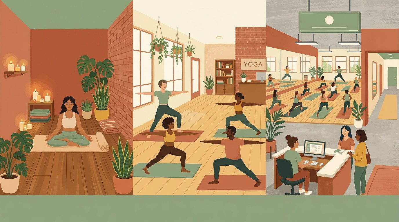 Three yoga studio scenes side by side: a small solo studio with candles, a growing studio with an instructor and students, and a large multi-room studio with a reception desk