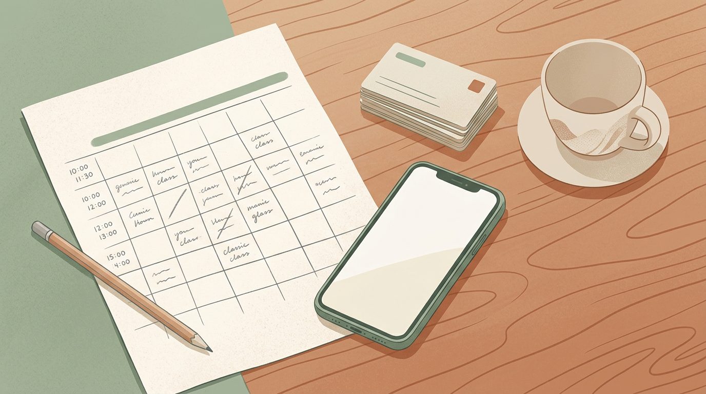 Yoga studio management essentials laid out on a wood desk: class schedule, membership cards, and a phone beside a coffee cup