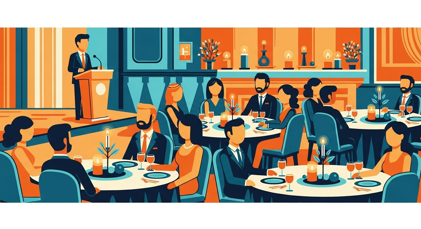 Nonprofit charity gala with donors seated at candlelit dinner tables