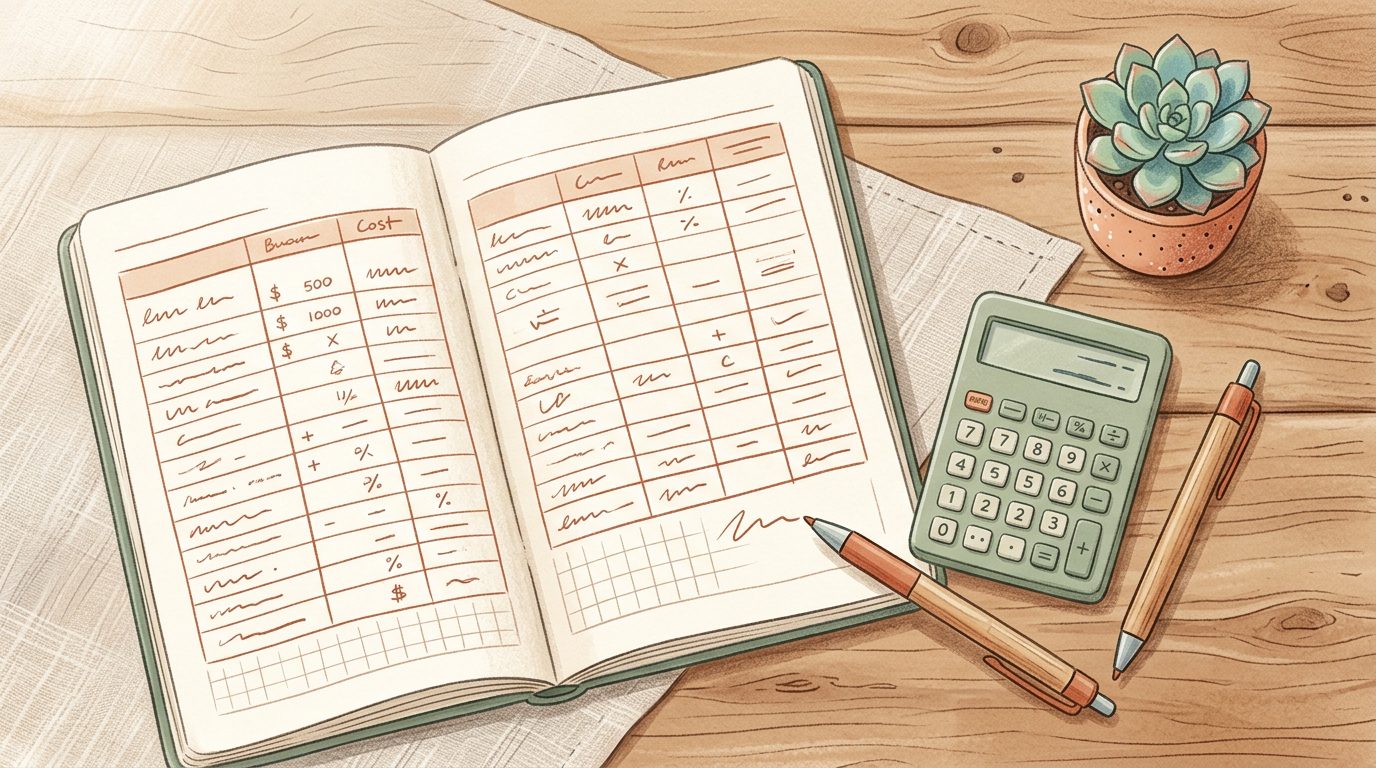 Open notebook with a hand-drawn budget comparison table beside a sage green calculator, pen, and small succulent plant on a wood desk