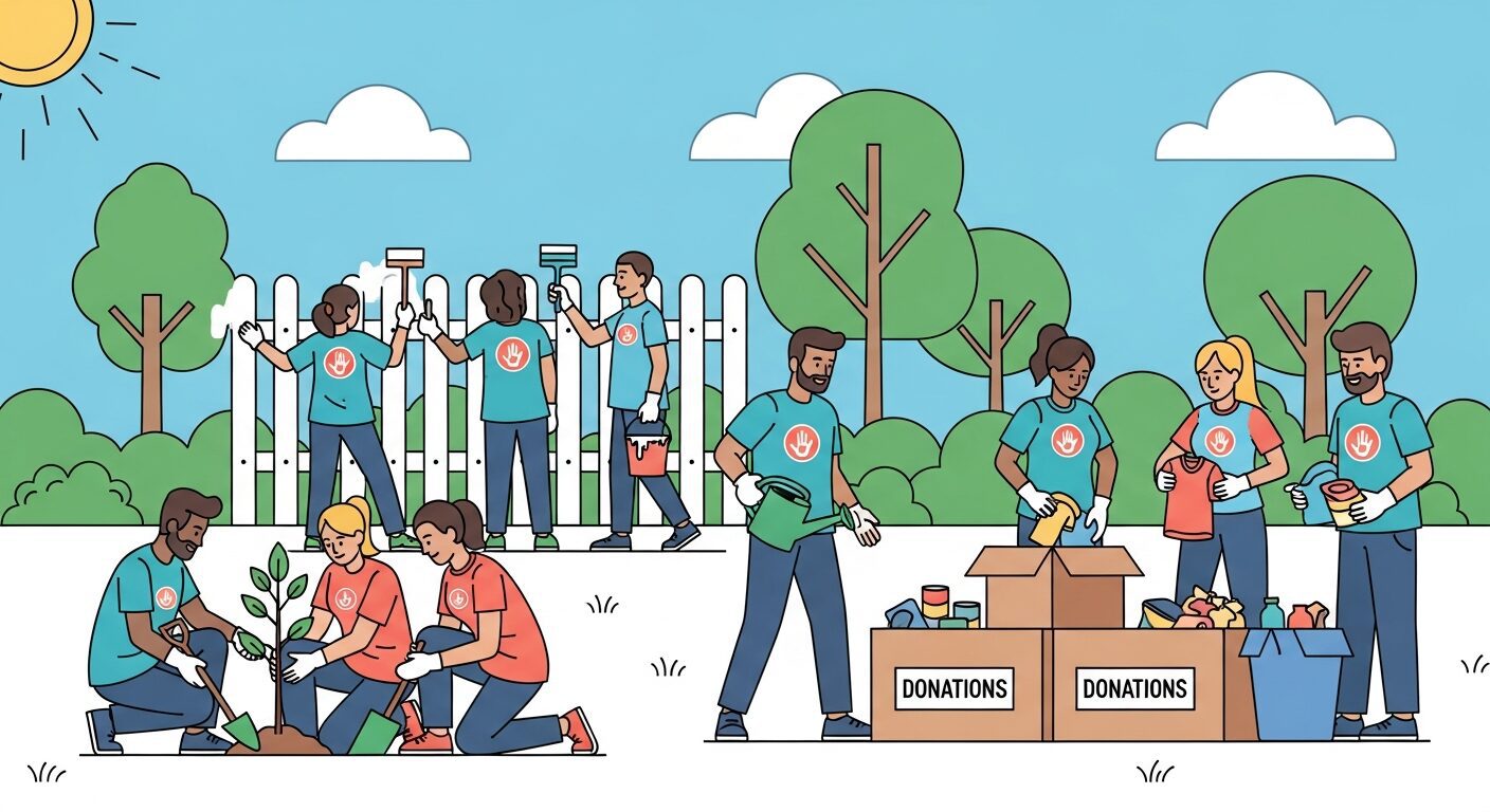 Nonprofit volunteers working together on a community service project outdoors