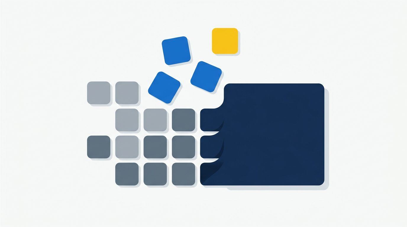 Small grey platform tiles being absorbed into one large dark block, with three tiles breaking away, representing associations leaving consolidated AMS vendors