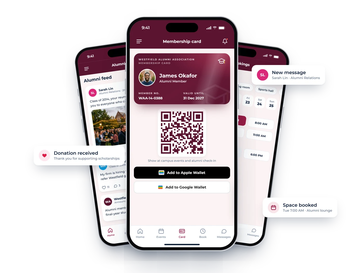 Raklet member app on iPhone: event RSVP, digital membership card, facility booking and chat
