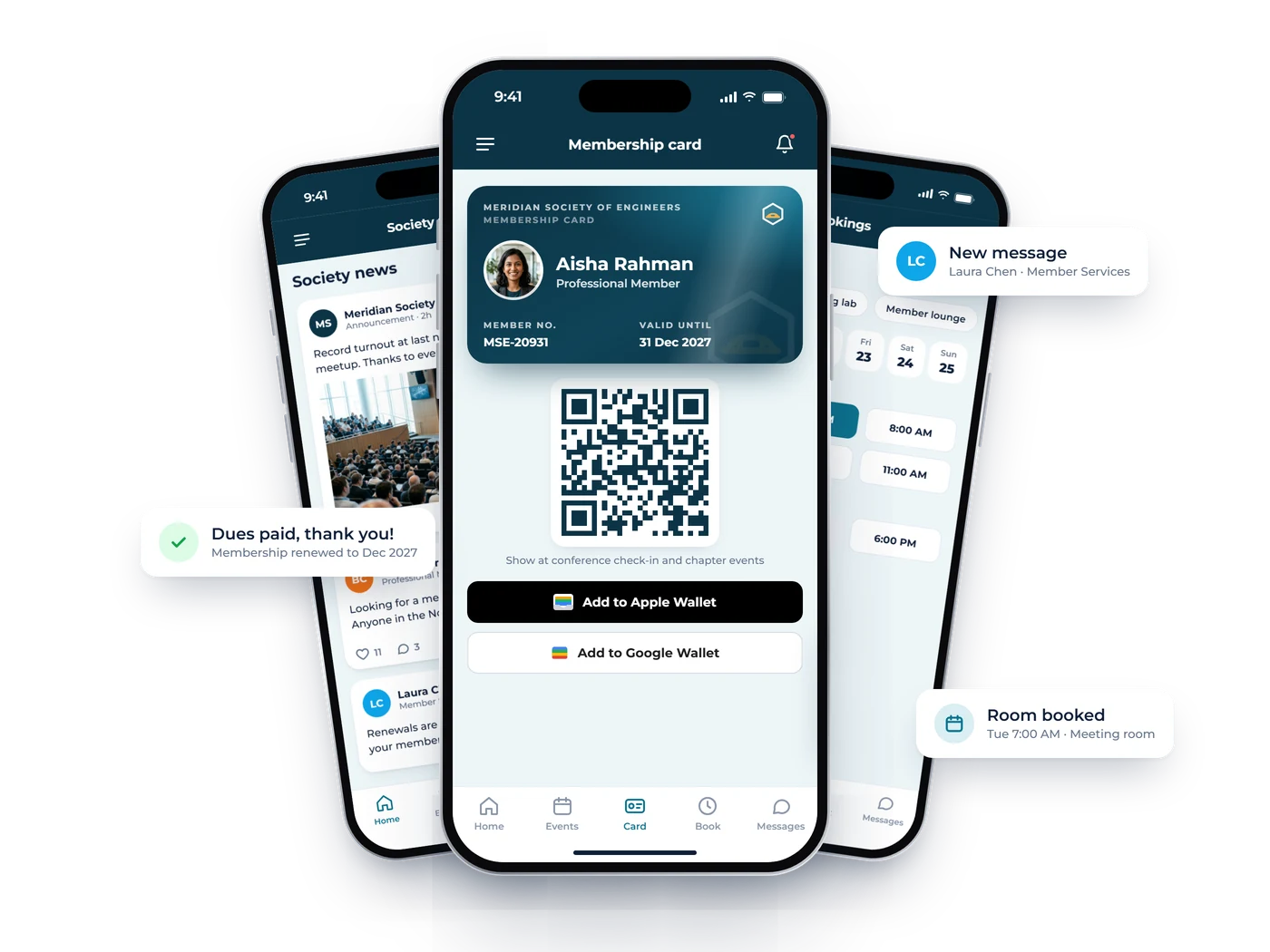 Raklet member app on iPhone: event RSVP, digital membership card, facility booking and chat
