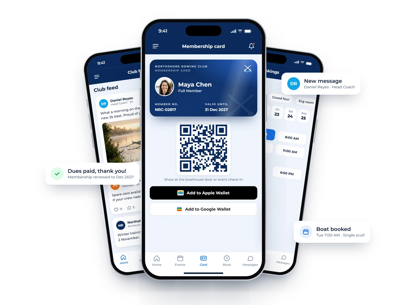 Raklet member app on iPhone: event RSVP, digital membership card, facility booking and chat