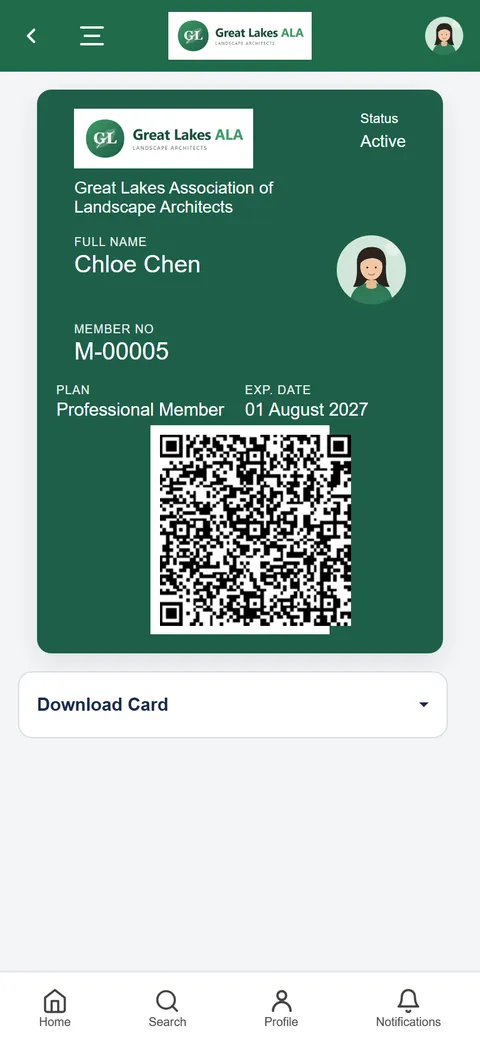 A digital membership card with member number, plan, expiry date and QR code