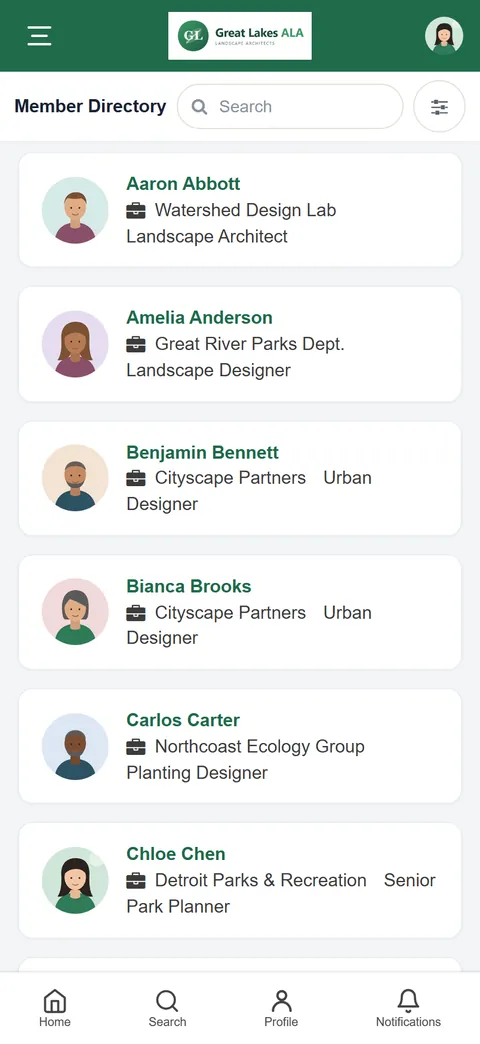 The member directory on a phone