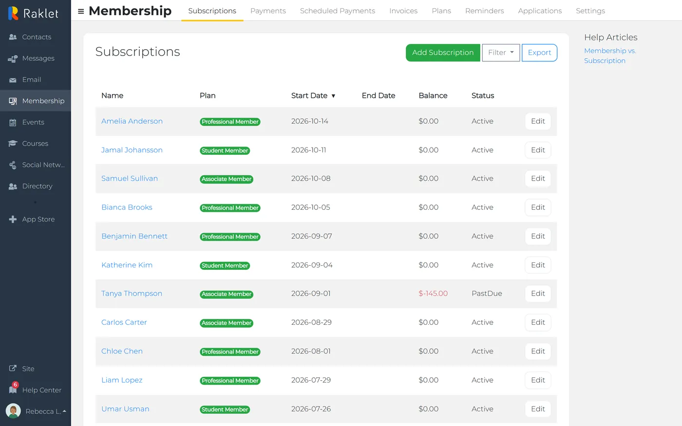Raklet membership payments with plans, amounts and renewal status