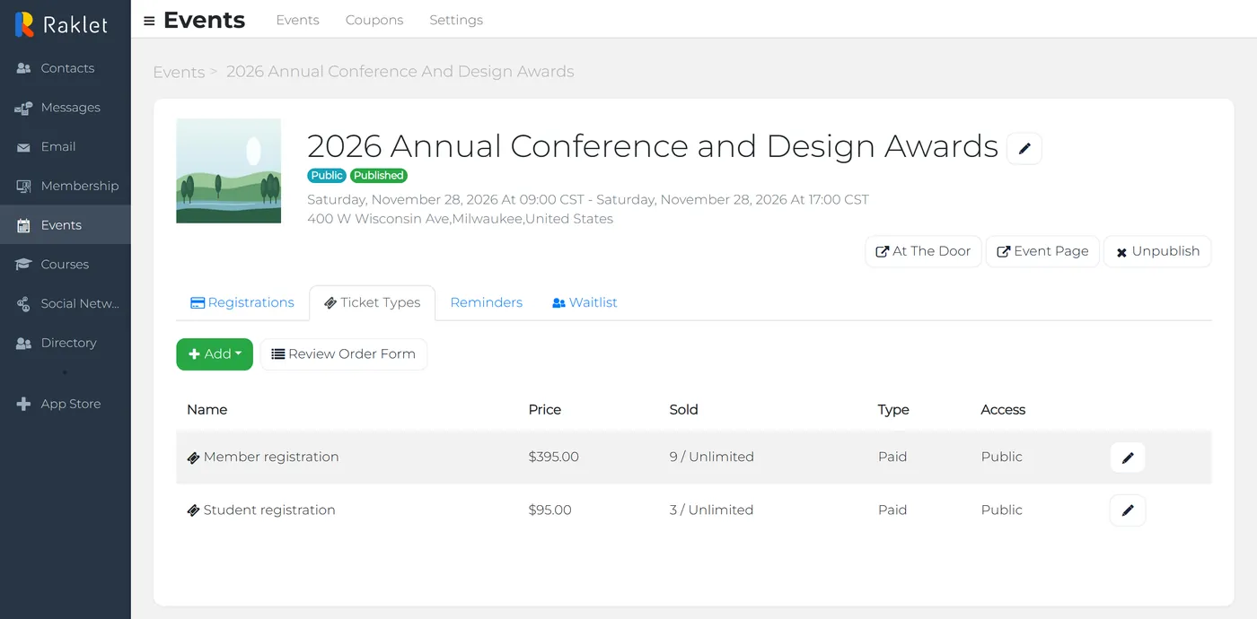 Raklet event overview with registrations, revenue and top events