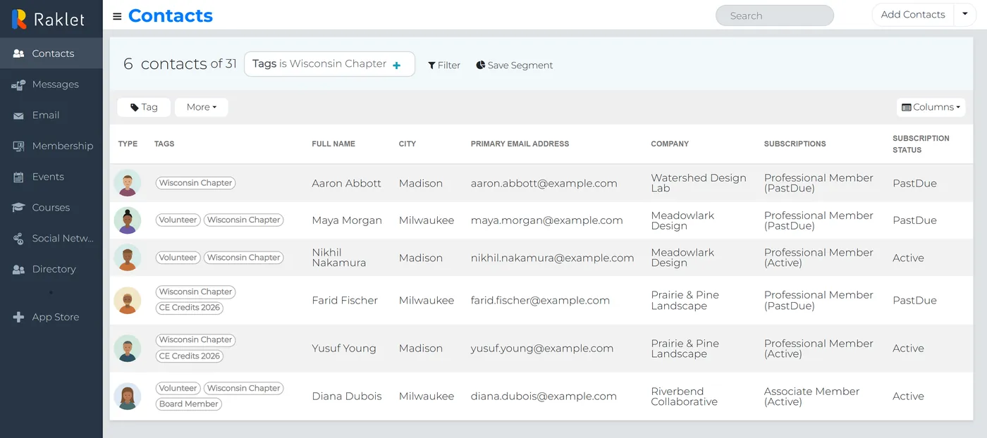 Raklet member database with tags, filters and contact details