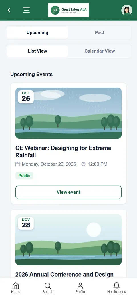 Upcoming events in the member portal on a phone